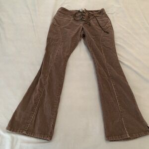 Moda International Pants Womens 10 Brown Corduroy Lace Up Flare Leg Hippie Boho